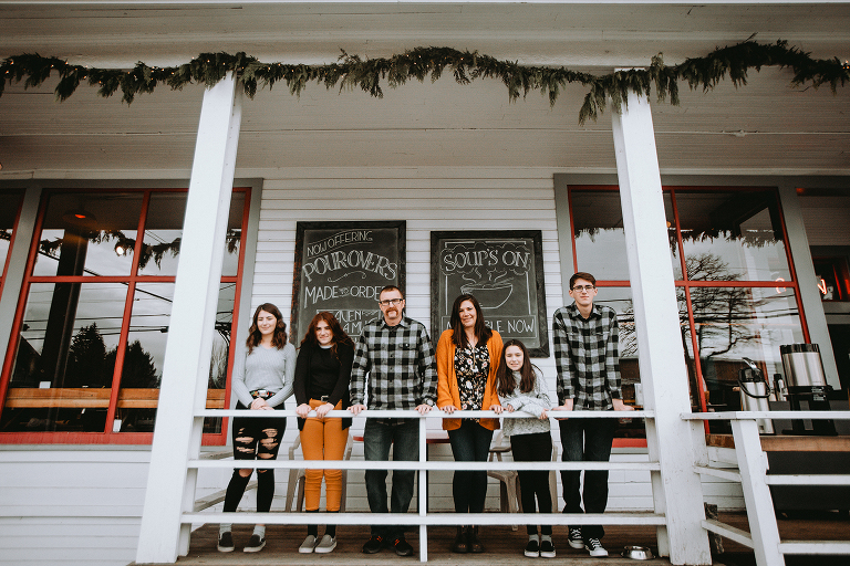 The Myers Family stand on the front porch of the Vashon Coffee Roasterie.