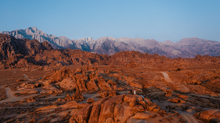 A drone photo of the bride and groom after their elopement in Alabama Hills.