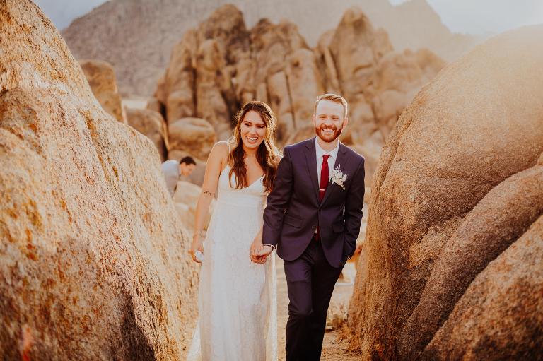 Paul and Kristi walk down the aisle for the first time as husband and wife at Alabama Hills.