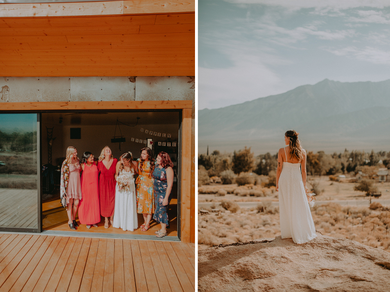 Kristi and her bridesmaids stand in the door of their Airbnb outside Alabama Hills.