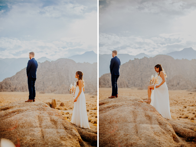 Kristi approaches Paul for their first look before their Alabama Hills elopement.