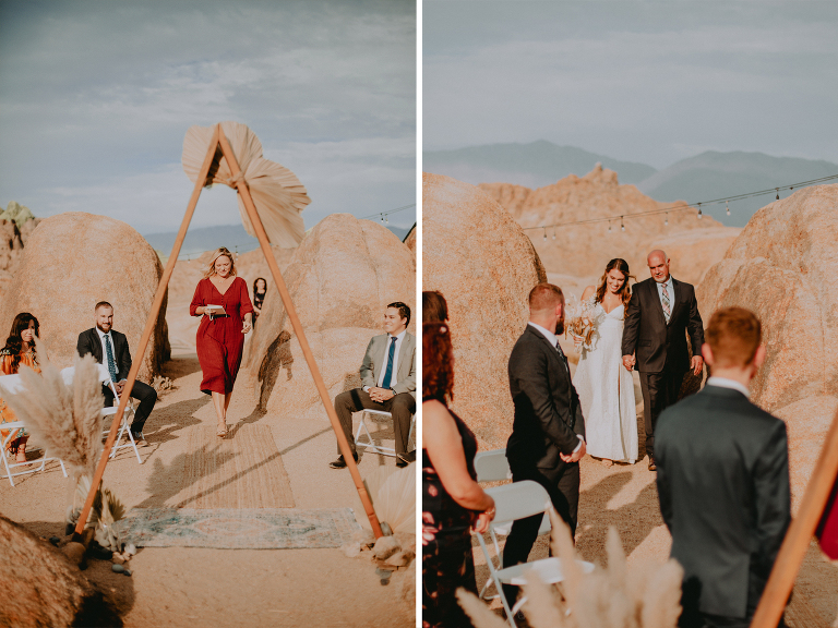 On the left, Paul's sister walks down the aisle. On the right, Kristi's dad walks her down the aisle in Alabama Hills.