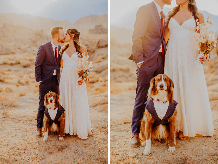 Paul and Kristi pose for a photo with dog Wiley at sunset after their Alabama Hills elopement. 