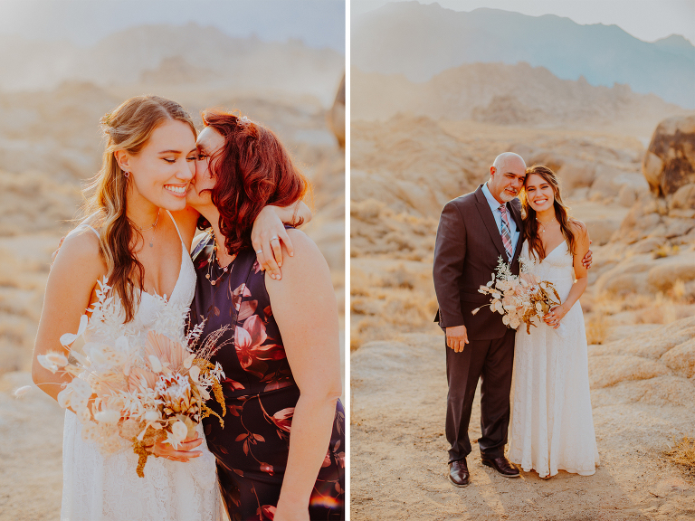 Kristi poses for photos with her mom and dad after their Alabama Hills elopement.