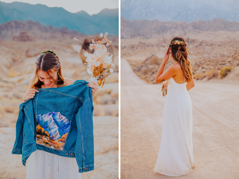 Kristi holds up a jean jacket she painted for the wedding in Alabama Hills.