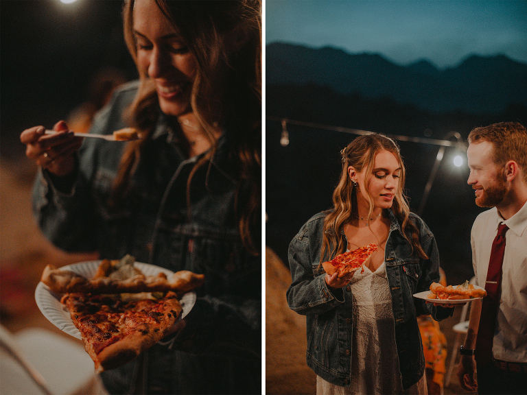 Kristi and Paul share pizza at their Alabama Hills reception.