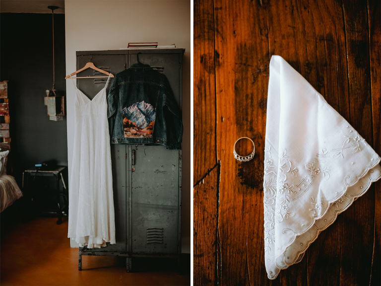 Precious family heirlooms are displayed alongside the bride's wedding dress and painted denim jacket in Alabama Hills. 
