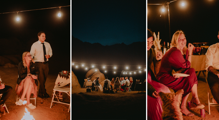 Guests give speeches and sit around the fire during Paul and Kristi's Alabama Hills reception. 
