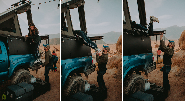 Paul helps Kristi into their truck topper tent on the morning of their elopement.